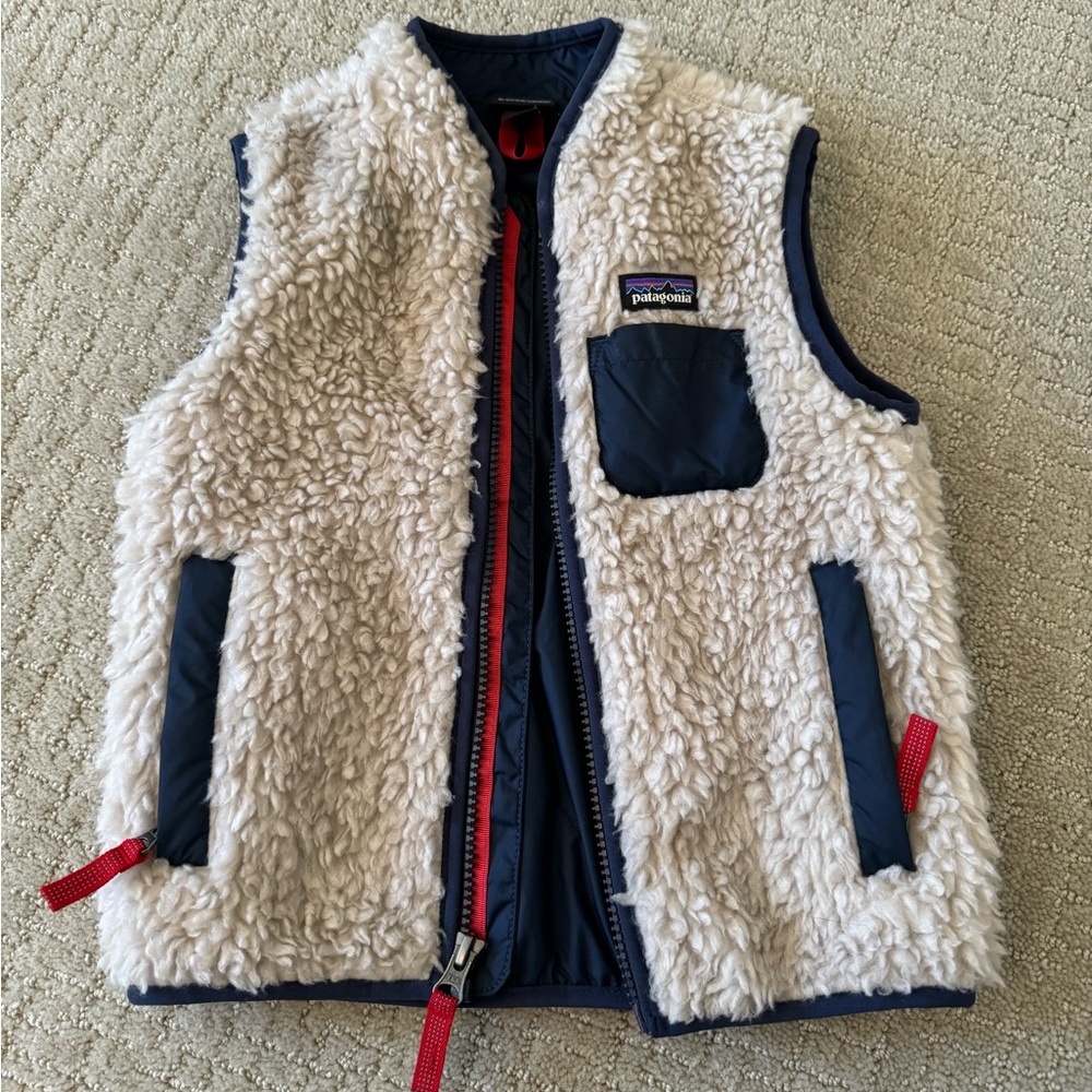 Boys 3T Retro X-fleece vest, Navy blue & cream with zippered pockets